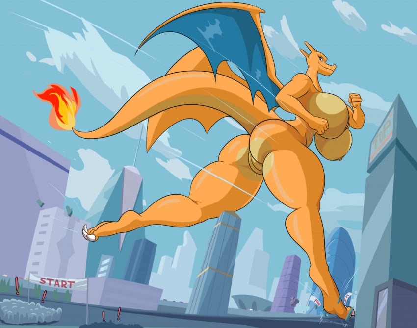 anthro biskblizk breasts building chari-gal charizard city claws cloud crowd fast female fire generation_1_pokemon genitals group macro nintendo nipples non-mammal_breasts nude pokemon pokemon_(species) pussy running size_difference sky tail wings