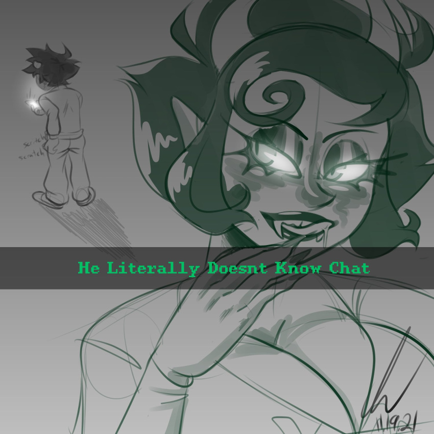 1boy 1girls alien before_sex female homestuck homestuck_troll horn horns kanaya_maryam karkat_vantas licking_lips male pierump short_hair short_hair_male suit troll vampire