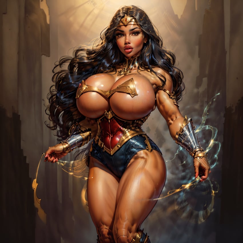 1girl 1girls ai_generated alternate_breast_size big_breasts big_lips big_thighs bimbo bimbo_body bimbo_lips blue_eyes breasts_bigger_than_head cheekbones collar covered_nipples dc dc_comics diana_of_themyscira diana_prince enhanced_breasts exposed_breasts exposed_shoulders fake_breasts female fit fit_female flowing_hair hourglass_figure huge_ass huge_breasts implants leotard long_hair looking_at_viewer makeup muscular muscular_arms muscular_bimbo muscular_female muscular_thighs navel_visible_through_clothes practically_nude revealing_clothes solo solo_female solo_focus tan_body tanned tanned_skin tiara tight_clothing wonder_woman wonder_woman_(series)