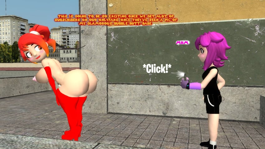 3d 3d_(artwork) ass_cleavage belle_fontiere big_ass big_butt blushing bubble_butt dialogue high_heels_leggings kaibernation long_sleeve_gloves lucinia_porter nipples onlyfans phone sending_nudes side_boobs smg4 text