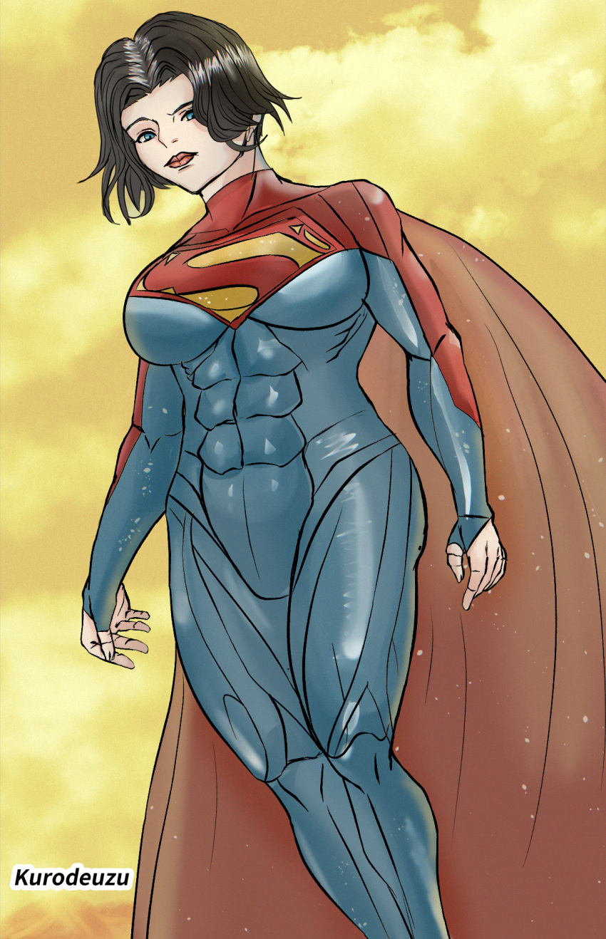 black_hair blue_eyes breasts cape dc_comics female gloves highres kurodeuzu large_breasts long_hair looking_at_viewer self-upload short_hair smile solo supergirl superman_(series)