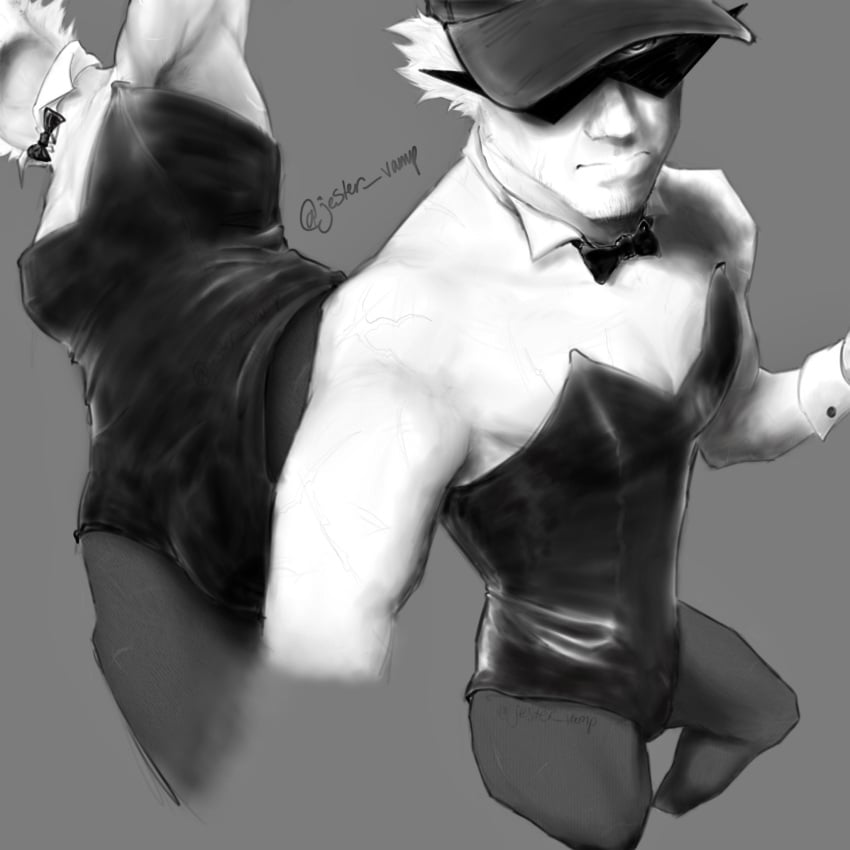 1boy blonde_hair blonde_hair_male bro_strider bunnysuit crossdressing homestuck jester_vamp male male_focus male_only masculine muscular pantyhose playboy_bunny short_hair short_hair_male solo solo_male spiky_hair stubble sunglasses twunk