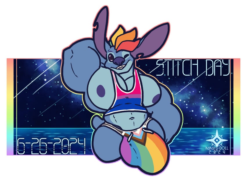 2024 6/26 alien alpha_channel anthro anthrofied areola artist_logo artist_name big_bulge big_ears big_pecs bisexual_pride_colors blue_body blue_nose bottomwear bulge clothing dated digital_drawing_(artwork) digital_media_(artwork) disney english_text experiment_(lilo_and_stitch) flat_colors grin grinning_at_viewer hair hand_behind_head hi_res huge_bulge kokoro-doll lgbt_pride lgbt_pride_month lilo_and_stitch logo looking_at_viewer male male_focus male_only meteor_shower multicolored_hair muscular muscular_anthro muscular_male navel notched_ear one_eye_closed outline pecs pride_color_bottomwear pride_color_clothing pride_color_tank_top pride_color_topwear pride_colors progress_pride_colors purple_areola purple_inner_ear shirt small_tail smile solo stitch_(lilo_and_stitch) tail tank_top text topwear water wink winking_at_viewer