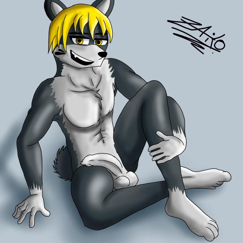 1boy balls black_body feet furry furry_male furry_only oc on_floor open_mouth penis sitting white_feet white_hands white_penis wolf_boy wolf_ears wolf_tail yellow_eyes yellow_hair zaikodraws