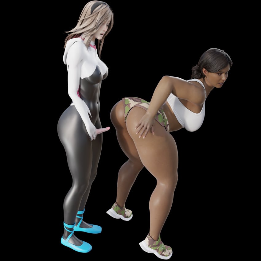 3d ass ass_focus big_ass big_butt bodysuit booty_shorts bubble_butt curvaceous curvy curvy_body curvy_figure fat_ass female futa_on_female futanari gwen_stacy heperson huge_ass latina marvel milf rio_morales rio_morales_(playstation) shorts spider-gwen spider-man superheroine thick thick_ass