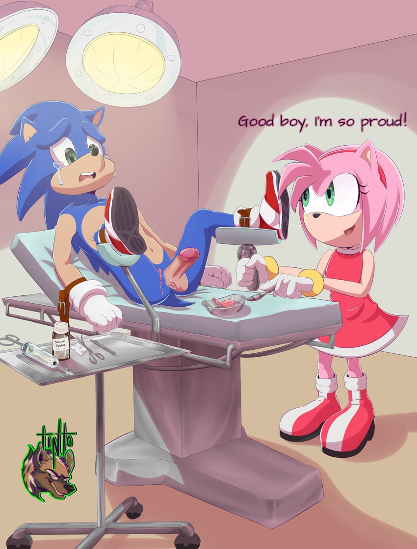 1boy 1boy1girl 1girl amy_rose anthro balls bottomwear bound cfnm circumcision clothed_female_nude_male digital_media_(artwork) english_text eulipotyphlan foreskin genital_mutilation genital_torture hair hands_tied handwear hi_res holding_object holding_scalpel imminent_genital_mutilation medical_instrument mutilation on_back one_ball operating_table penis scalpel scientific_instrument segua sonic_(series) sonic_the_hedgehog sonic_the_hedgehog_(series) surgical_instrument tail testicles text tinto_(artist) topwear