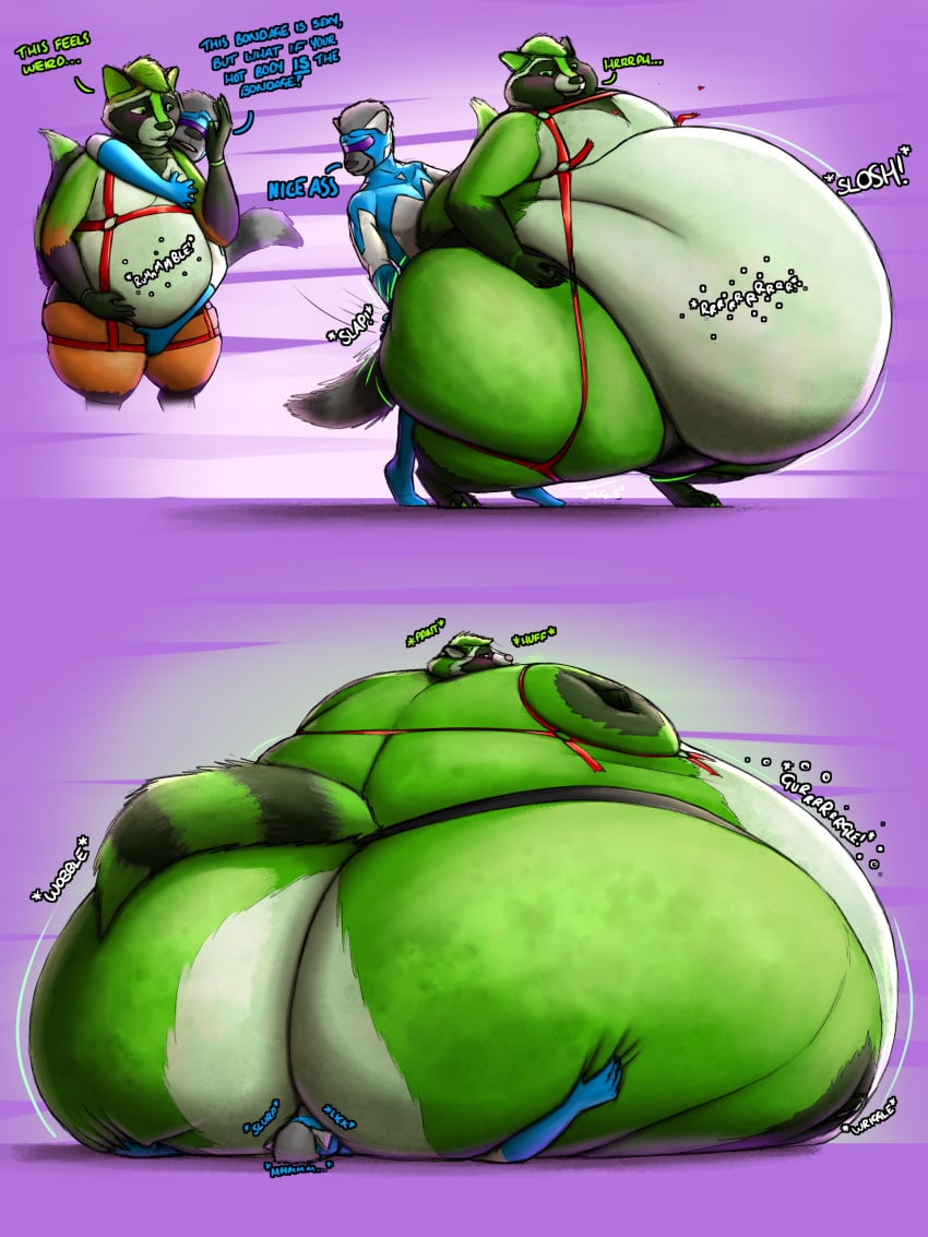 2boys anthro anthro_on_anthro ass_expansion ass_slap belly_expansion blush bondage cheeks_inflation dialogue facesitting fat fat_belly furry gay groping groping_chest groping_crotch groping_from_behind inflation larger_male male morbidly_obese morbidly_obese_male obese obese_male overweight overweight_male pear_inflation phatracc raccoon rimjob rimming size_difference smaller_male snapping_harness soft_ass sunken_limbs superhero tagme