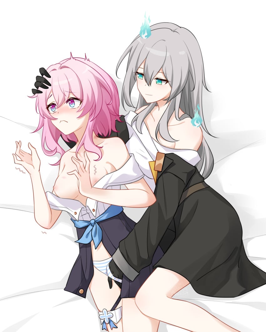 2girls alternate_eye_color aqua_eyes aura bare_shoulders blush breasts cirrus_(honkai:_star_rail) closed_mouth feet_out_of_frame fingering grey_hair hair_between_eyes hand_in_another&#039;s_hair hand_in_another&#039;s_panties heliobus_(honkai:_star_rail) highres honkai:_star_rail honkai_(series) long_hair long_sleeves looking_at_another lying march_7th_(honkai:_star_rail) medium_breasts medium_hair multiple_girls natori_biu nipples off_shoulder panties partially_undressed pink_hair possessed purple_eyes stelle_(honkai:_star_rail) striped_clothes striped_panties trailblazer_(honkai:_star_rail) trembling underwear white_background yuri