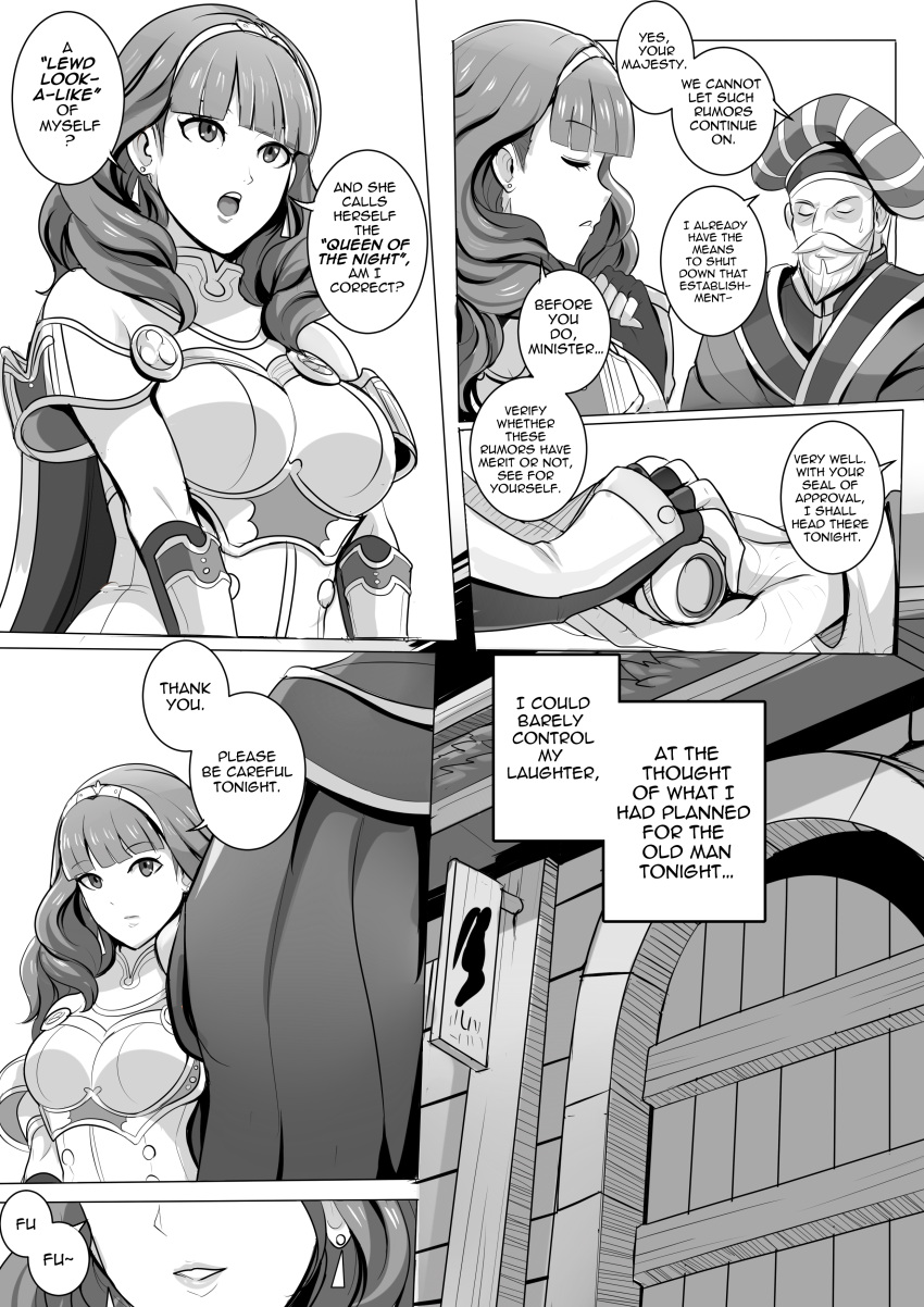 1boy 1girls bangs bare_shoulders breasts cape celica_(fire_emblem) closed_eyes comic door doujin earrings english_text female fingerless_gloves fire_emblem fire_emblem_echoes:_shadows_of_valentia gloves greyscale grin hand_on_own_chest hat indoors male medium_breasts medium_hair monochrome nintendo older_male open_mouth outdoors queen revolverwingstudios royalty scroll shoulders sign smile text tiara younger_female