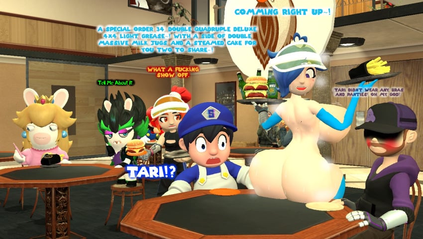 3d belle_fontiere big_ass big_breasts blush bubble_butt deekystjohn edge_(mario_+_rabbids) hiding_nipple hooters huge_ass kaibernation leggings long_sleeve_gloves mario_(series) mario_+_rabbids mario_+_rabbids:_sparks_of_hope miles_broflovski_(deekystjohn) naked_female rabbid rabbid_peach raving_rabbids serving serving_food showing_off smg4 smg4_(character) steaming_body sweaty_butt tari_(smg4)