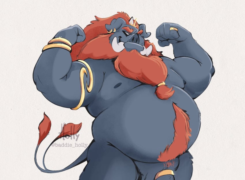 2024 anthro bara belly big_belly blue_body ganon genitals goodie_holly hi_res humanoid_hands male mammal moobs nintendo nipples overweight overweight_male penis simple_background solo suid suina sus_(pig) the_legend_of_zelda wild_boar