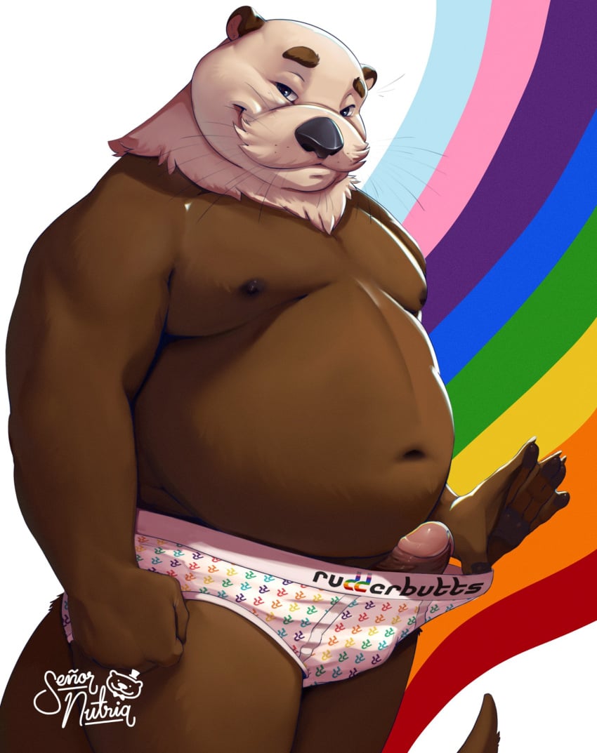 2024 anthro belly big_belly brown_body clothing erection genitals hi_res male mammal mature_male moobs mustelid navel nipples otter overweight overweight_male penis rudderbutts senor_nutria smile solo underwear