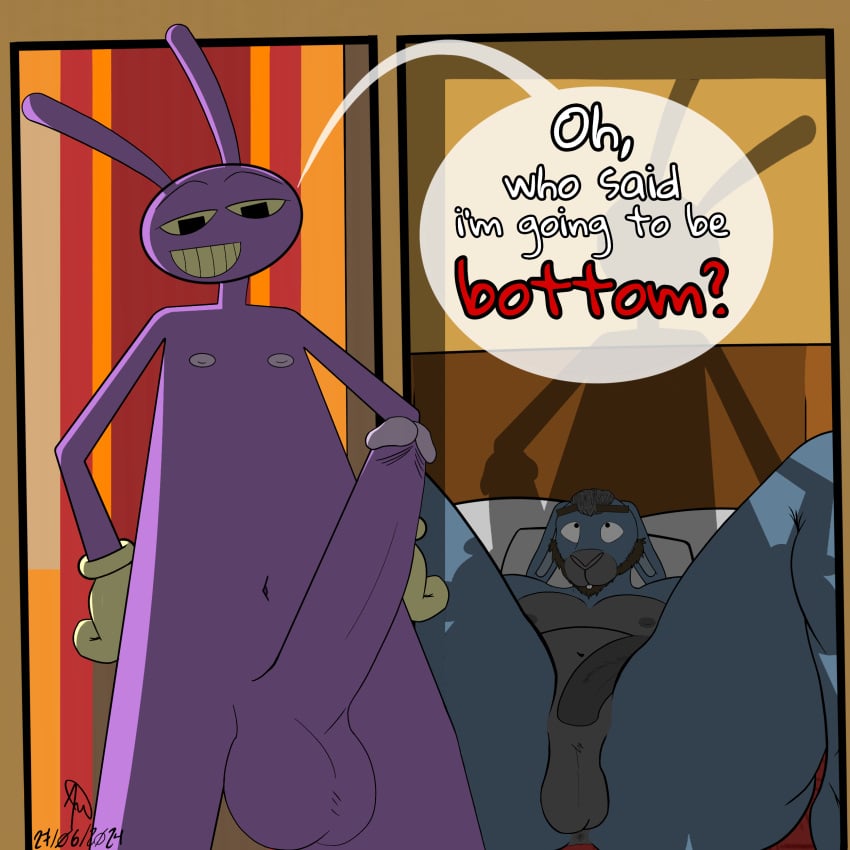 absurd_res anthro balls bed big_balls big_penis dominant duo furniture genitals glitch_productions hi_res jax_(tadc) jax_(the_amazing_digital_circus) jeremy_garcia lagomorph leporid male male/male mammal penis rabbit rough_sex sex surprised_expression the_amazing_digital_circus vornyrabbit