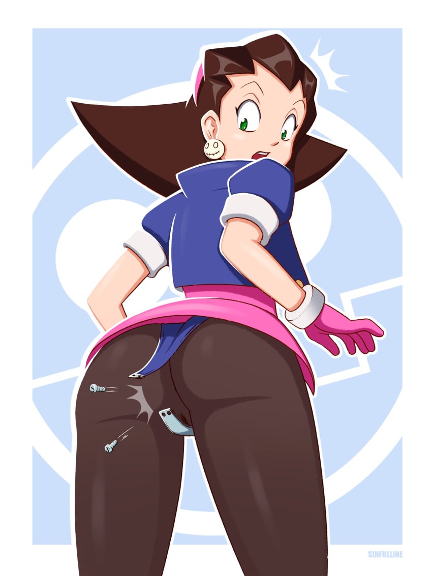 1girls artist_name ass big_ass brown_hair cameltoe capcom constricted_pupils highres jacket looking_back looking_down medium_hair mega_man mega_man_legends open_clothes open_jacket open_mouth pantyhose sinfulline solo surprised tron_bonne wardrobe_malfunction wide-eyed