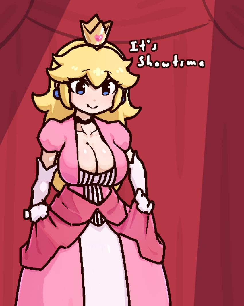 1girls alternate_costume big_breasts blonde_hair blue_eyes breasts busty cleavage cleavage_cutout clothes_lift clothing_cutout crown dress dress_lift english_text female female_only gloves highres large_breasts lifting_own_clothes liveactors long_hair mario_(series) nintendo oekaki princess princess_peach smile solo voluptuous