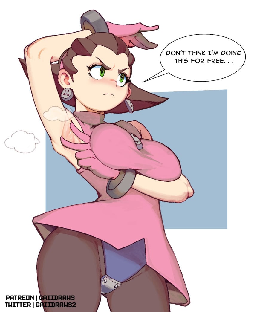 1girls annoyed arm_behind_head arm_under_breasts armpits artist_name big_breasts breast_hold breasts brown_hair busty capcom curvy duplicate english_text female female_only gaiidraws gloves large_breasts legs leotard looking_to_the_side medium_hair mega_man mega_man_legends presenting_armpit solo thick_thighs thighs tron_bonne