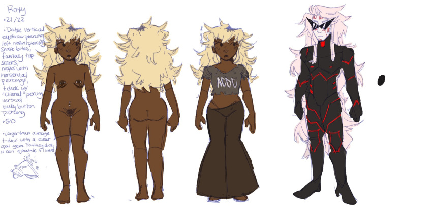 band_shirt blonde_hair blonde_hair_female blonde_hair_male clothed clothing corvidcore2 cuntboy hal_strider homestuck intersex long_hair male mastectomy_scar nude reference reference_image reference_sheet robot roxy_lalonde scar scar_on_chest spiky_hair sunglasses t-shirt