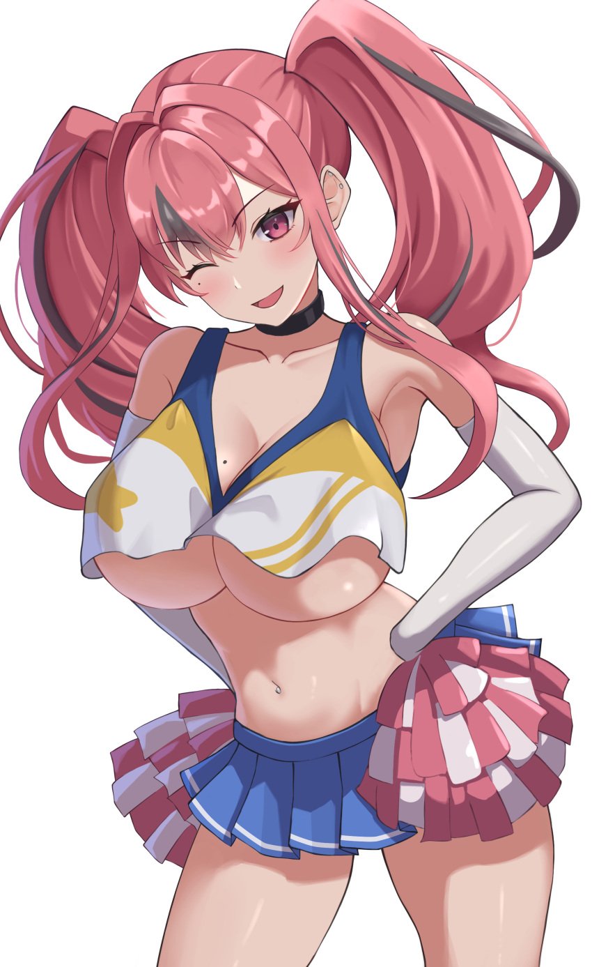 ;d absurdres alternate_costume azur_lane bare_shoulders black_choker blue_skirt blush breasts bremerton_(azur_lane) cheerleader choker cleavage collarbone commentary cowboy_shot criss-cross_halter crop_top crop_top_overhang dress ear_piercing elbow_gloves female gloves grey_hair hair_between_eyes hair_intakes halterneck hands_on_own_hips highres holding holding_pom_poms large_breasts long_hair looking_at_viewer miniskirt mole mole_on_breast mole_under_eye multicolored_hair navel navel_piercing no_bra one_eye_closed open_mouth piercing pink_eyes pink_hair pleated_skirt pom_pom_(cheerleading) pom_poms rizzy shirt sidelocks simple_background skirt sleeveless sleeveless_shirt smile solo standing stomach streaked_hair twintails underboob white_background white_dress white_shirt