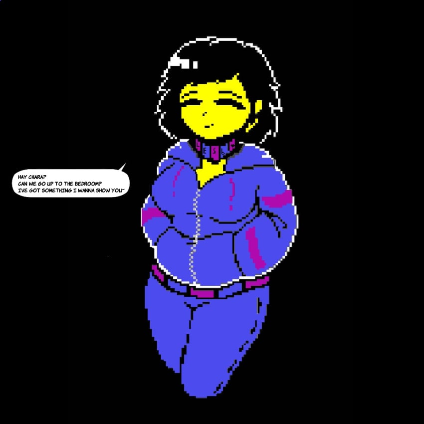 1girls 1gonth 2d 2d_(artwork) 2d_artwork black_background breasts clothed female female_frisk female_only frisk hoodie pixel_(artwork) pixel_art safe_for_work solo solo_female tagme thighs undertale undertale_(series)