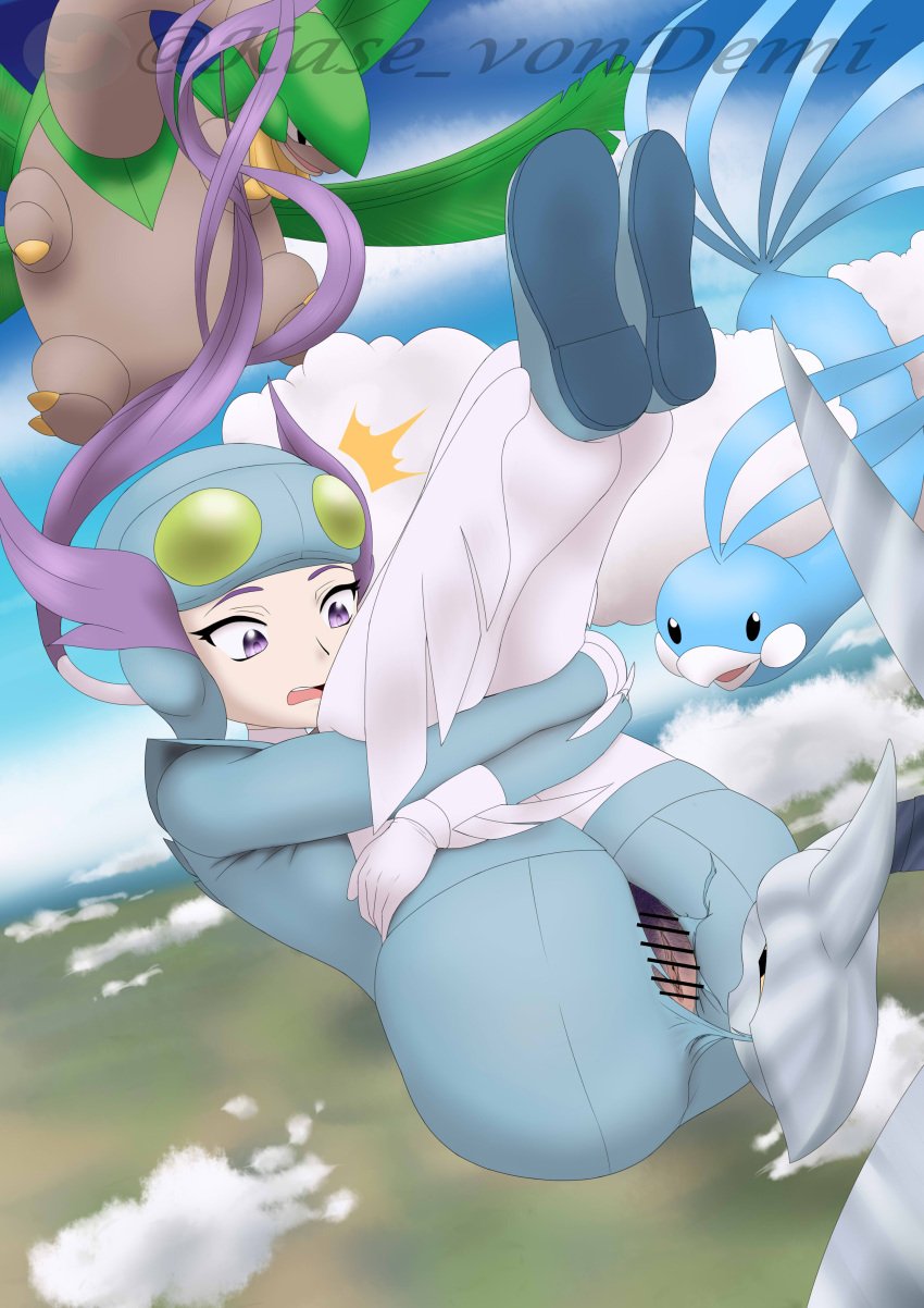 1girls altaria ass assisted_exposure avian censor_bar censored clothed clothing demivonkase female hi_res legs_up light-skinned_female pok&eacute;mon_(species) pokemon pussy skarmory skydiving surprised thick_thighs tropius winona_(pokemon)