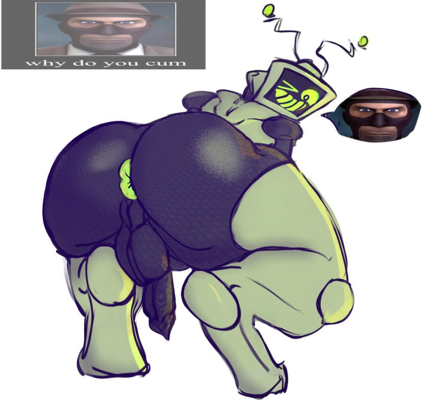 1boy 2d absurd_res anus ass backsack balls big_butt black_body crouching electronics english_text for_a_head genitals green_anus green_teeth hi_res human humanoid looking_at_viewer looking_back looking_back_at_viewer machine male male_only mammal meme meme_pose metal_limbs metallic_body not_furry object_head omegatronic one_eye_closed penis presenting presenting_hindquarters pyro_sd robot robot_boy robot_humanoid screen screen_face screen_head silver_body silver_skin simple_background solo speech_bubble spy_(team_fortress_2) team_fortress_2 teeth television text thick_thighs tv_head valve white_background wide_hips wink winking_at_viewer