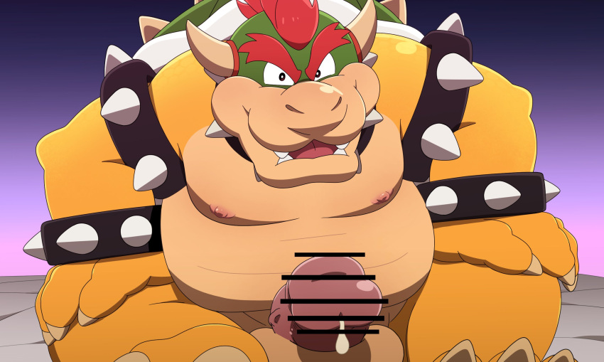 2024 anthro belly big_belly bowser censored erection eto1212 genitals hi_res kemono koopa male male_only mario_(series) moobs nintendo nipples overweight overweight_male penis scalie sitting solo