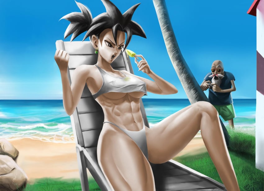 1boy 1girls 2021 abs beach big_breasts bikini black_eyes black_hair breasts dragon_ball dragon_ball_super earrings elitenappa female female_focus female_saiyan kefla male master_roshi muscular muscular_female potara_earrings saiyan