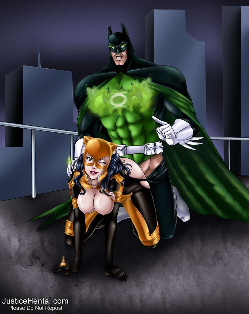 batman batman_(series) bruce_wayne catwoman dc dc_comics green_lantern green_suit justicehentai.com male/female orange_lantern_corps orange_suit selina_kyle straight