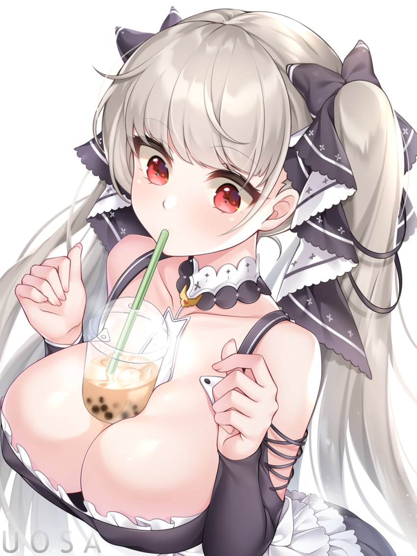 1girls azur_lane bare_shoulders between_breasts boba_tea breasts bubble_tea bubble_tea_challenge cleavage dress drink drinking drinking_straw female formidable_(azur_lane) frilled_dress frills grey_hair hair_ribbon highres large_breasts long_hair partially_clothed red_eyes ribbon solo twintails two_tone_dress two_tone_ribbon uosaasou upper_body white_background