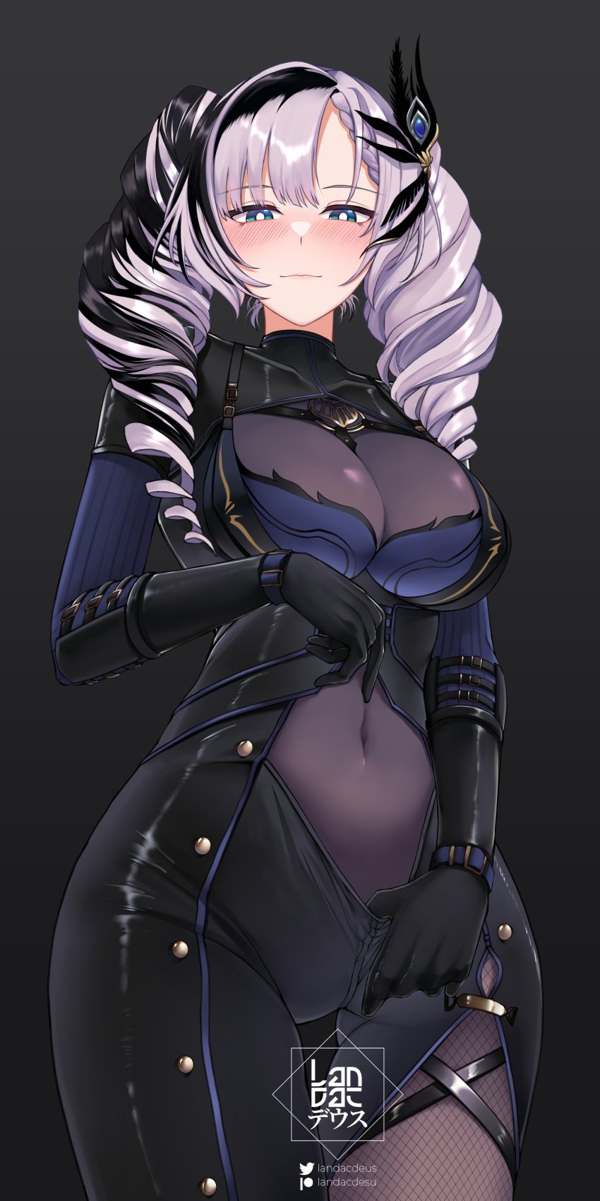 1girls black_hair blue_eyes breasts covered_navel grey_hair hololive hololive_indonesia landacdeus large_breasts long_hair multiple_boys pavolia_reine solo twin_drills virtual_youtuber