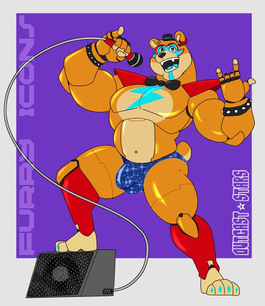 1boy 1male 2024 animatronic anthro anthro_focus anthro_only anthro_solo bear bodypaint bow_tie bowtie bulge bulge_through_clothing digital_drawing_(artwork) digital_media_(artwork) facepaint five_nights_at_freddy's five_nights_at_freddy's:_security_breach glamrock_freddy_(fnaf) holding holding_object machine male male_anthro male_focus male_only microphone navel outcast-stars robot scottgames smile smiley_face smiling solo solo_anthro solo_focus solo_in_panel solo_male steel_wool_studios top_hat underwear underwear_only ursid ursid_humanoid