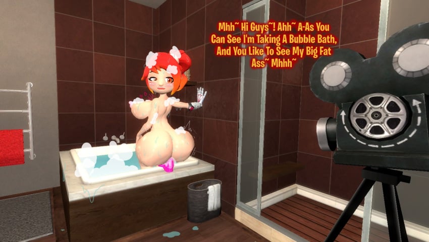 3d 3d_(artwork) anus_juice anus_leaking belle_fontiere big_ass blush bubble_bath bubble_butt dialogue dildo dildo_in_ass hand_on_wall heartbeat huge_ass kaibernation naked_female shiny_skin smg4 soap_bubbles text wet_body