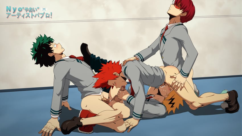 4boys anal blonde_hair blowjob bottomless cum_in_ass denki_kaminari eijirou_kirishima gay green_haie group_sex izuku_midoriya multiple_boys my_hero_academia onoro_nyo orgasm orgy red_hair school_uniform spitroast todoroki_shouto yaoi