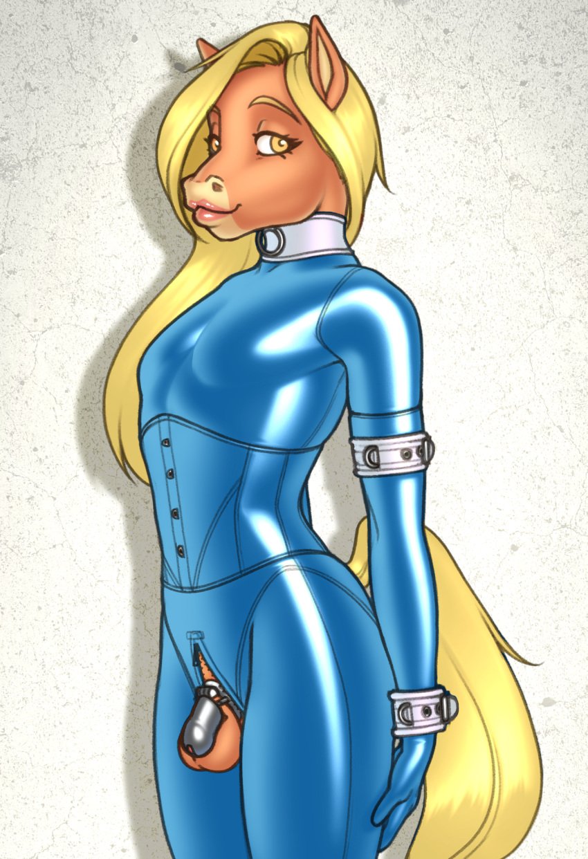 2024 anthro balls blonde_hair blue_bodysuit blue_clothing blue_corset blue_latex blue_skinsuit bodysuit buffbumblebee chastity_cage chastity_device chrissy_(buffbumblebee) clothed clothing collar corset crossdressing cuffs_(clothing) equid equine femboy genitals hair hi_res horse latex latex_bodysuit latex_clothing latex_corset latex_lingerie latex_skinsuit latex_topwear lingerie lipstick long_hair makeup male mammal metal_chastity_cage skinsuit solo tail tight_clothing topwear white_collar