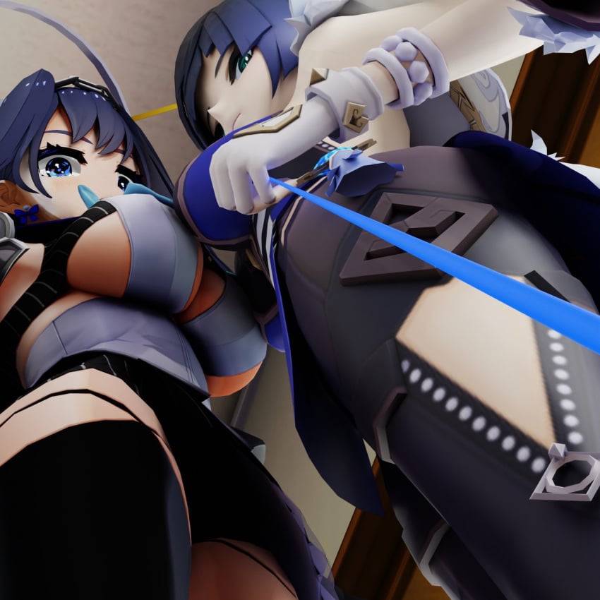 1ambiguous 2girls 3d 3d_(artwork) big_breasts bigger_dom bigger_dom_smaller_sub blue_eyes blue_hair breasts clothed clothed_female crossover domination extrathic female_dominating female_domination femdom frown frowning frowning_at_viewer genshin_impact giantess hololive hololive_english hololive_english_-council- larger_female leash looking_at_viewer multiple_females multiple_girls ouro_kronii pov short_hair smaller_sub smaller_sub_bigger_dom submissive_pov virtual_youtuber yelan_(genshin_impact)