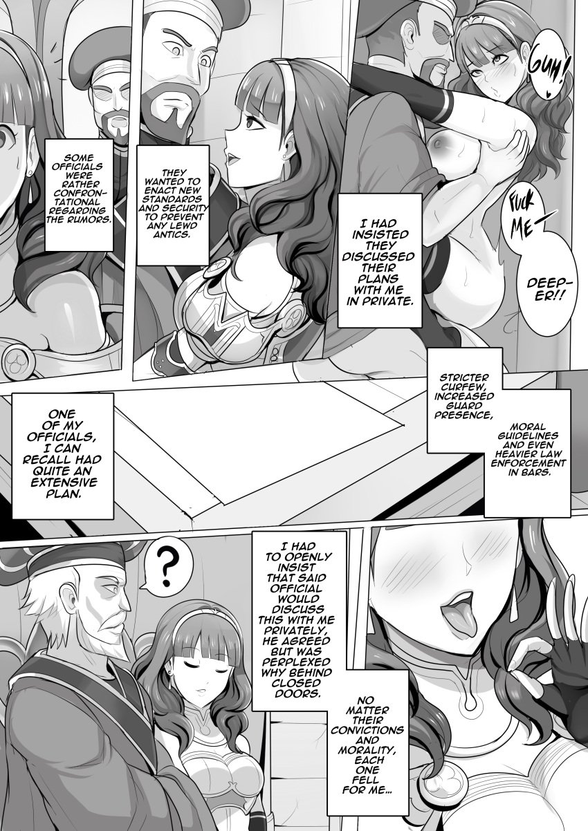 1girls 2boys :o ? bangs bare_shoulders bare_thighs beard breasts celica_(fire_emblem) cleavage closed_eyes comic confusion doujin earrings elbow_gloves english_text fellatio_gesture female fingerless_gloves fire_emblem fire_emblem_echoes:_shadows_of_valentia gesture gloves greyscale grin hat indoors inviting inviting_to_sex large_breasts long_hair looking_pleasured male medium_hair monochrome multiple_boys naked_gloves naked_thighhighs naughty_face nintendo nude nude_female older_male open_mouth queen revolverwingstudios rough_sex royalty seductive sex shocked shoulders smile stand_and_carry_position sweat table text thighhighs thighs tiara tongue tongue_out younger_female