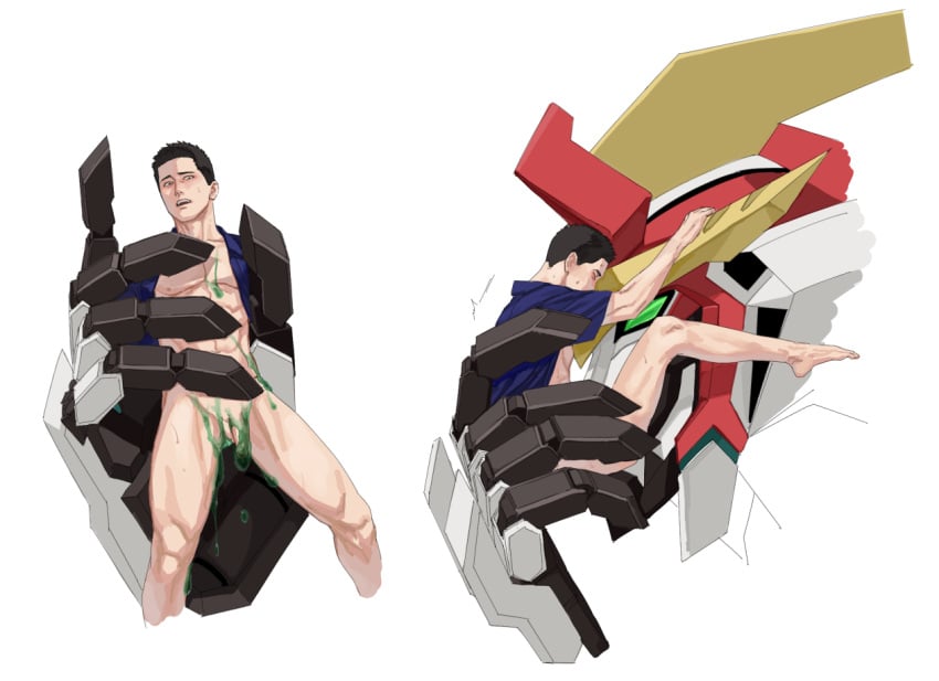 2boys ao_isami bara bare_pectorals big_head black_hair blush bottomless bravern collage couple cropped_legs facial_hair fellatio from_side giant giant_male in_palm looking_at_viewer male_focus multiple_boys non-human oral pectorals penis robot_sex sideburns_stubble significant_size_difference slime_(substance) stubble thick_eyebrows thighs toned toned_male xylo_bee yaoi yuuki_bakuhatsu_bang_bravern