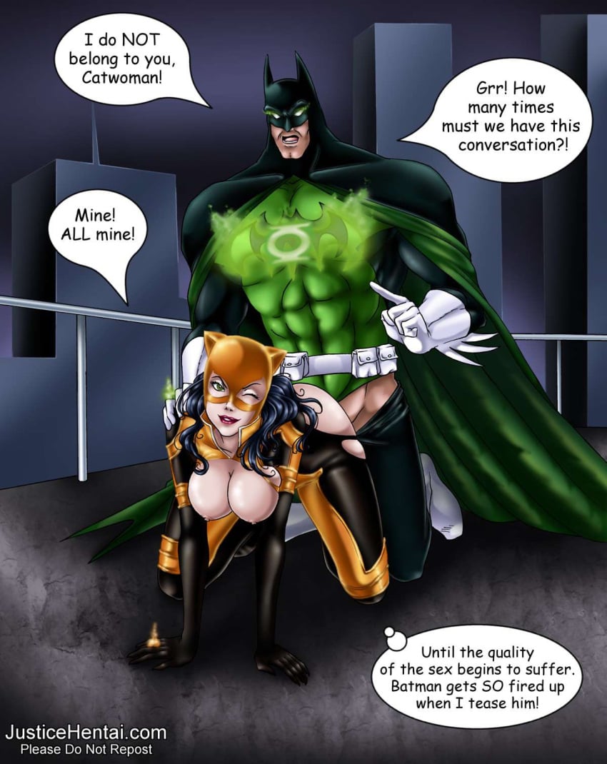 batman batman_(series) bruce_wayne catwoman dc dc_comics green_lantern green_suit justicehentai.com male/female orange_lantern_corps orange_suit selina_kyle straight