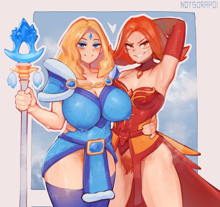 2girls absurdres armpits artist_name blonde_hair blue_dress blue_eyes blue_thighhighs blush breasts covered_nipples cowboy_shot crystal_maiden dota_(series) dota_2 dress elbow_gloves female_pubic_hair forehead_jewel gloves grey_background grin heart highres holding holding_staff huge_breasts large_breasts lina_(dota) long_hair medium_hair multiple_girls notsorapoi orange_eyes parted_bangs pubic_hair red_dress red_gloves red_hair shiny_skin smile staff sweat teeth thighhighs