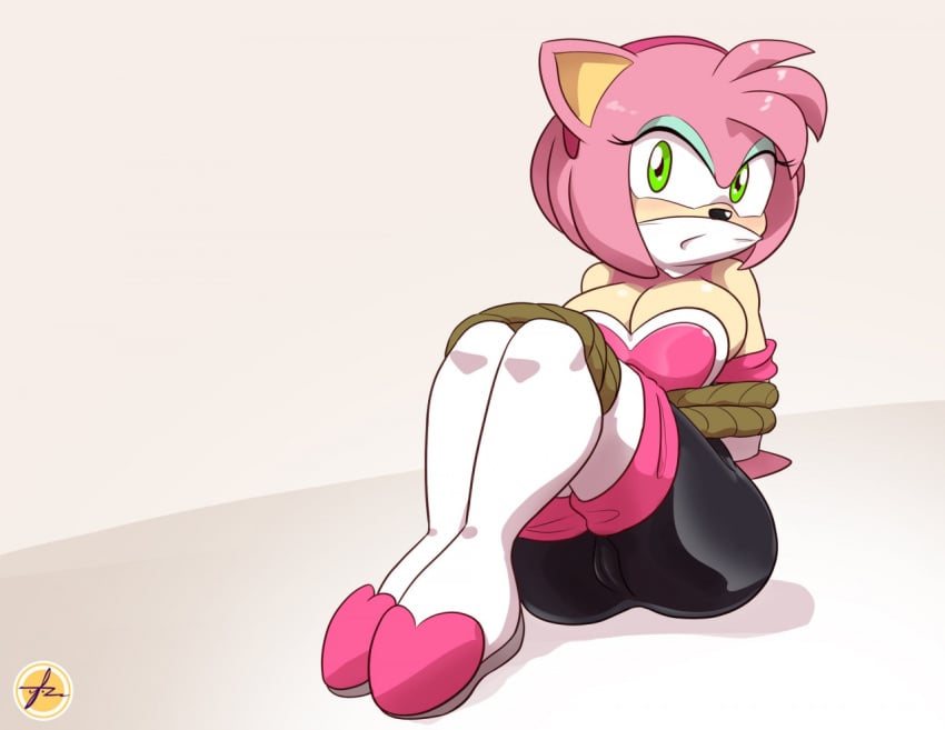 amy_rose amy_the_bat big_breasts bodysuit bondage face_mask fetish gag mouth_mask neckline rouge_the_bat_(cosplay) sonic_(series) spandex_suit thick_thighs tied