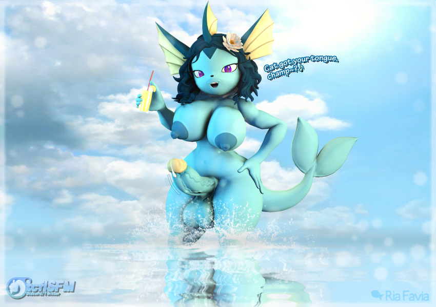 3d_(artwork) 5_fingers absurd_res anthro areola balls beverage big_breasts blue_areola blue_body blue_nipples bodily_fluids breasts cloud cum dialogue digital_media_(artwork) dripping eeveelution erection fin fingers flower generation_1_pokemon genital_fluids genitals gynomorph hair hand_on_hip hi_res humanoid_genitalia humanoid_penis intersex looking_at_viewer nintendo nipples nude nude_anthro penis plant pokemon pokemon_(species) precum precum_drip purple_eyes ria_(tcflsfm) solo source_filmmaker_(artwork) splash tcflsfm vaporeon water