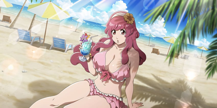 beach bikini bleach bleach:_the_thousand-year_blood_war bleach_brave_souls juice large_breasts meninas_mcallon palm_tree pink_eyes pink_hair pink_swimsuit swimsuit umbrella