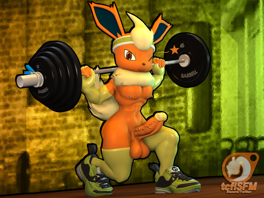 3d_(artwork) 5_fingers accessory anthro armwear balls blurred_background brown_eyes calem_(tcflsfm) clothed clothing digital_media_(artwork) eeveelution erection exercise fingers flareon footwear fur generation_1_pokemon genitals headband hi_res humanoid_genitalia humanoid_penis leggings legwear looking_at_viewer male nintendo nipples one_eye_closed orange_body partially_clothed penis perineum pokemon pokemon_(species) shoes solo source_filmmaker_(artwork) tcflsfm weightlifting weights wink winking_at_viewer workout yellow_body yellow_fur