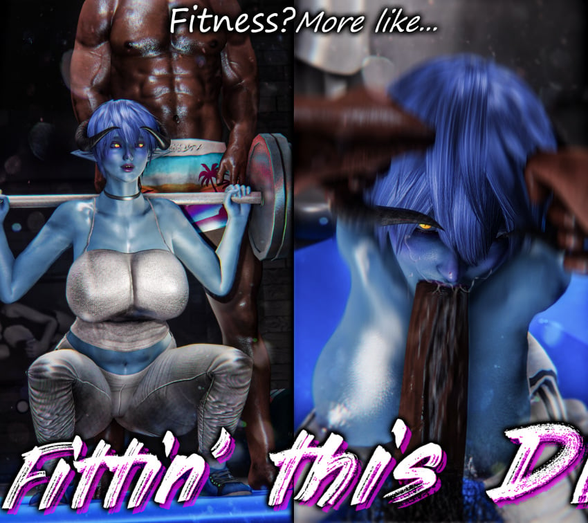 blue_skin daedric_pei_(skyrim) dark-skinned_male deepthroat demon_girl demon_horns exercise gym instant_loss_2koma oral seirne sexybono skyrim succubus the_elder_scrolls