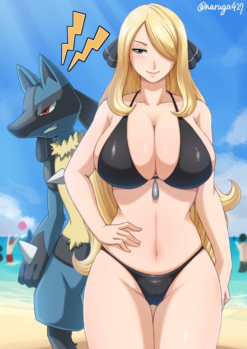 1girls 2boys absurd_res angry beach big_breasts bikini black_bikini blonde_hair blush breasts cleavage commentary creatures_(company) cynthia_(pokemon) game_freak generation_4_pokemon grey_eyes hair_ornament hair_over_one_eye hand_on_waist hi_res lizardman_0427 long_hair lucario navel nintendo ocean outdoors paid_reward_available pokemon pokemon_(species) pokemon_champion pokemon_dppt public signature sky smile standing swimsuit thigh_gap very_long_hair voluptuous voluptuous_female wide_hips