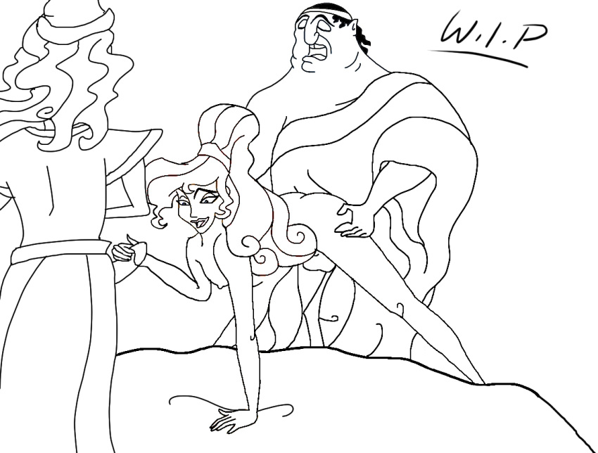 bed blackrose clothing disney doggy_style handjob hercules_(disney) line_art megara monochrome morpheus nipples penis phantasos_(hercules) rough_sketch sex straight testicles threesome work_in_progress