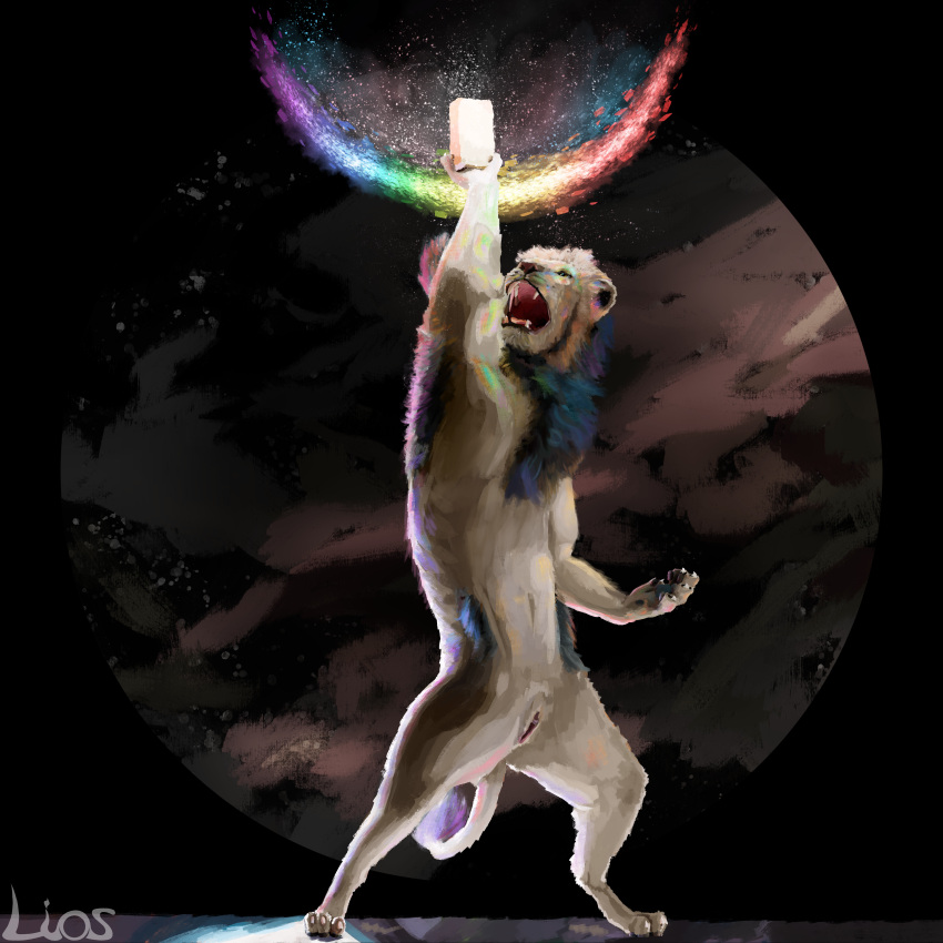 abstract_background absurd_res andromorph anthro brick cuntboy digital_media_(artwork) felid genitals hi_res intersex lgbt_pride lion liosoun mammal mane nude open_mouth pantherine pose pride_colors pussy rainbow solo tail transgender_pride_colors