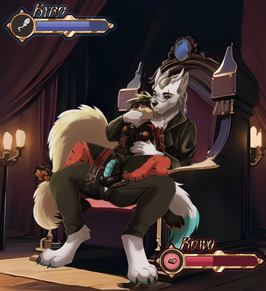 absurd_res anthro big_tail bodily_fluids bottomwear breasts chair clothed clothing dominant dominant_male duo erect_nipples female female_anthro finger_in_mouth fur furniture gameplay_mechanics genital_fluids genitals grey_hair gui hair health_bar heterochromia hi_res holding_waist horn knot kowu_kathell kyro_eisenpelz larger_male male male/female male_anthro nipples omez on_lap open_bottomwear open_clothing open_pants panties pants partially_clothed penetration questionable_consent sex sitting_on_lap size_difference smaller_female spread_legs spreading stomach_bulge stretched_pussy tail throne topwear torn_clothing torn_panties torn_topwear torn_underwear underwear vaginal_fluids vaginal_penetration vaginal_penetration white_body white_fur worried_look