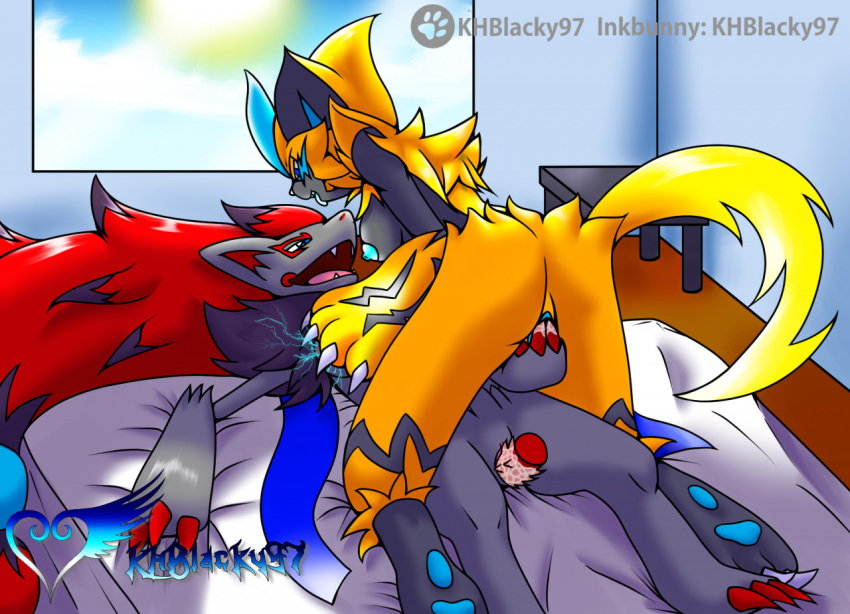 anthro artist_name bedding breasts claws cloud dildo duo female female/female fingering furniture generation_5_pokemon generation_7_pokemon genitals hair khblacky97 legendary_pokemon long_hair nintendo open_mouth pawpads paws pokemon pokemon_(species) pussy red_hair sex_toy spiked_dildo spikes sun table tail tongue tongue_out zeraora zoroark