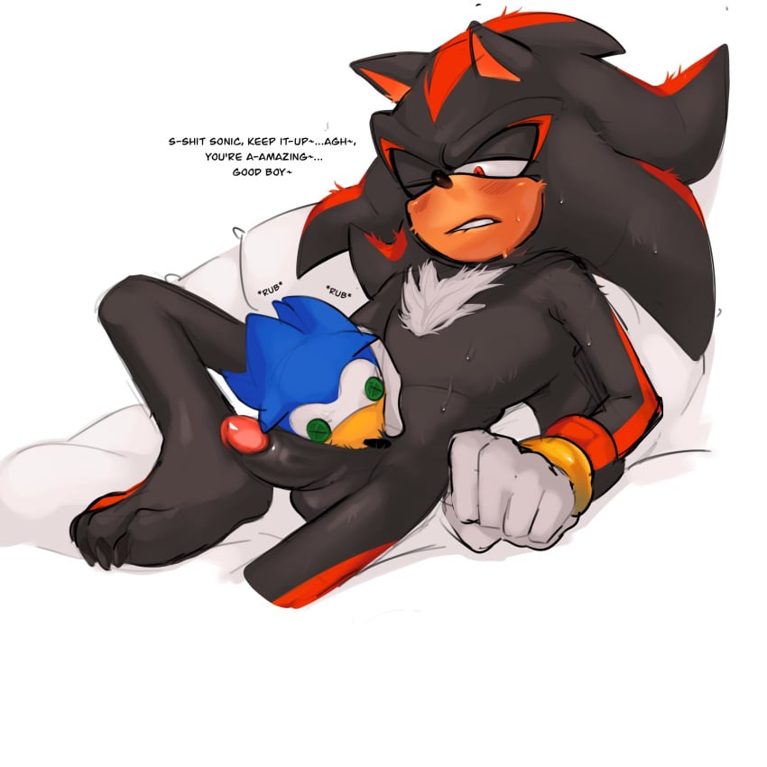 anthro balls barefoot blush bodily_fluids claws dialogue feet gay genitals hi_res male masturbation mr_orange000 nude penis plushie sega shadow_the_hedgehog solo sonadow sonic_(series) sonic_the_hedgehog sonic_the_hedgehog_(series) sweat toe_claws yaoi